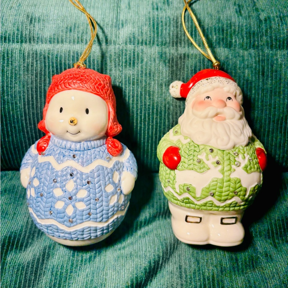Lenox Festive Snowman and Santa Ornaments - Blue and Green